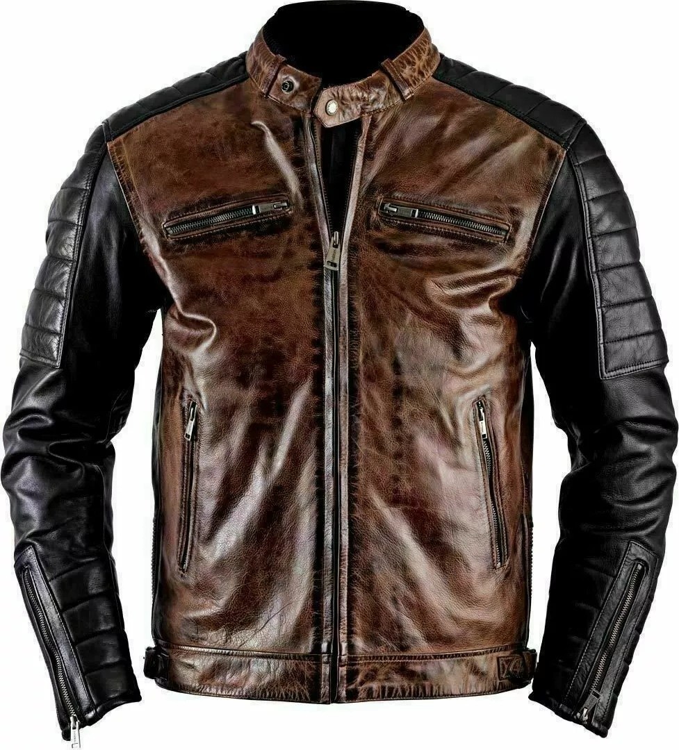 CHAQUETA DE CUERO REAL CAFÉ RACER MARRÓN ENVEJECIDO MOTOCICLISTA VINTAGE PARA HOMBRE