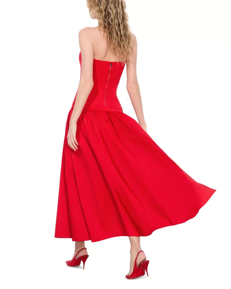 VESTIDO MIDI ALICE & OLIVIA 2) "ORIANA" RUBÍ BRILLANTE SIN TIRANTES NUEVO CON ETIQUETAS PRECIO DE VENTA SUGERIDO POR EL FABRICANTE $395 Foto 2 de 4