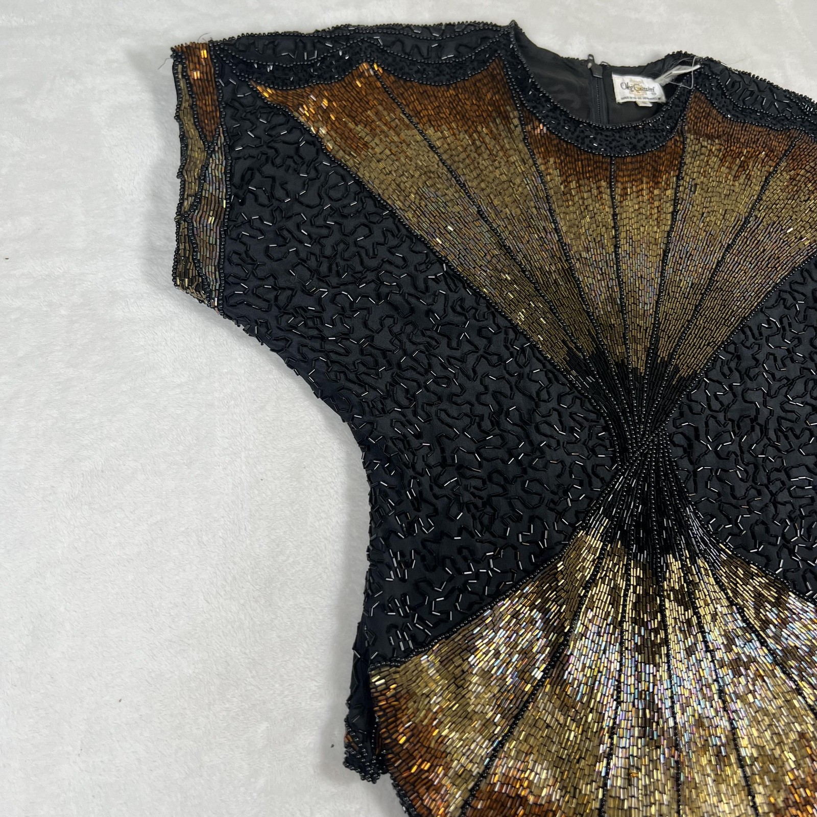 Vintage Oleg Cassini Shirt Womens Small Black Gold Beaded Silk Evening Top 80s