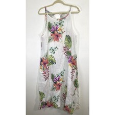 Lungo Larno White Floral Linen Sleeveless Slits Summer Boho Midi Dress S Flaws