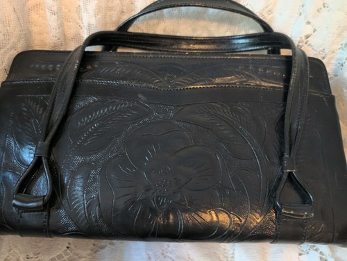 VTG Black Hand Tooled Leather Embossed Purse Bag Genuine Leather Made in Mexico