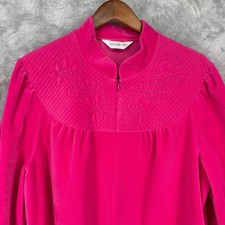 VTG Vanity Fair Pink Velour House Coat Retro Robe Half Zip Embroidered Size L