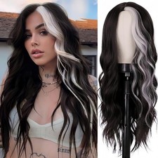 Long Wavy Black White Wigs for Women 26 Inch Middle Part Curly Wavy Wig Natur...