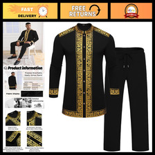 Men's African 2-Piece Dashiki Suit Set - Metallic Gold Print Shirt Pants Outfi