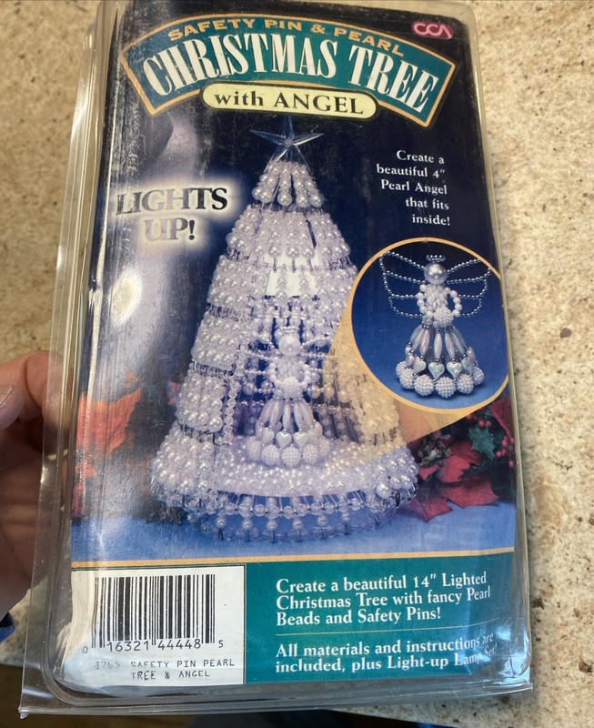 Vtg 14 In Lighted Christmas Tree With Fancy Pearl Beads and Safety Pins Cord Kit