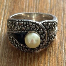 Vintage Sterling Silver 925 Ring With Pearl, Black Onyx  Marcasite Size 6