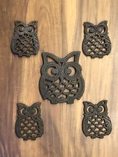 Vintage Cast Iron Owl Trivet Set of 5 Black Metal Retro 1970s  Taiwan