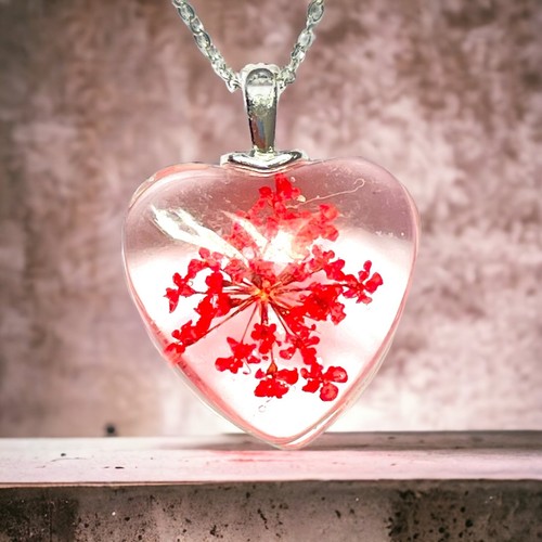 Beautiful Handcrafted Red Flower Within A Resin Heart Necklace Pendant