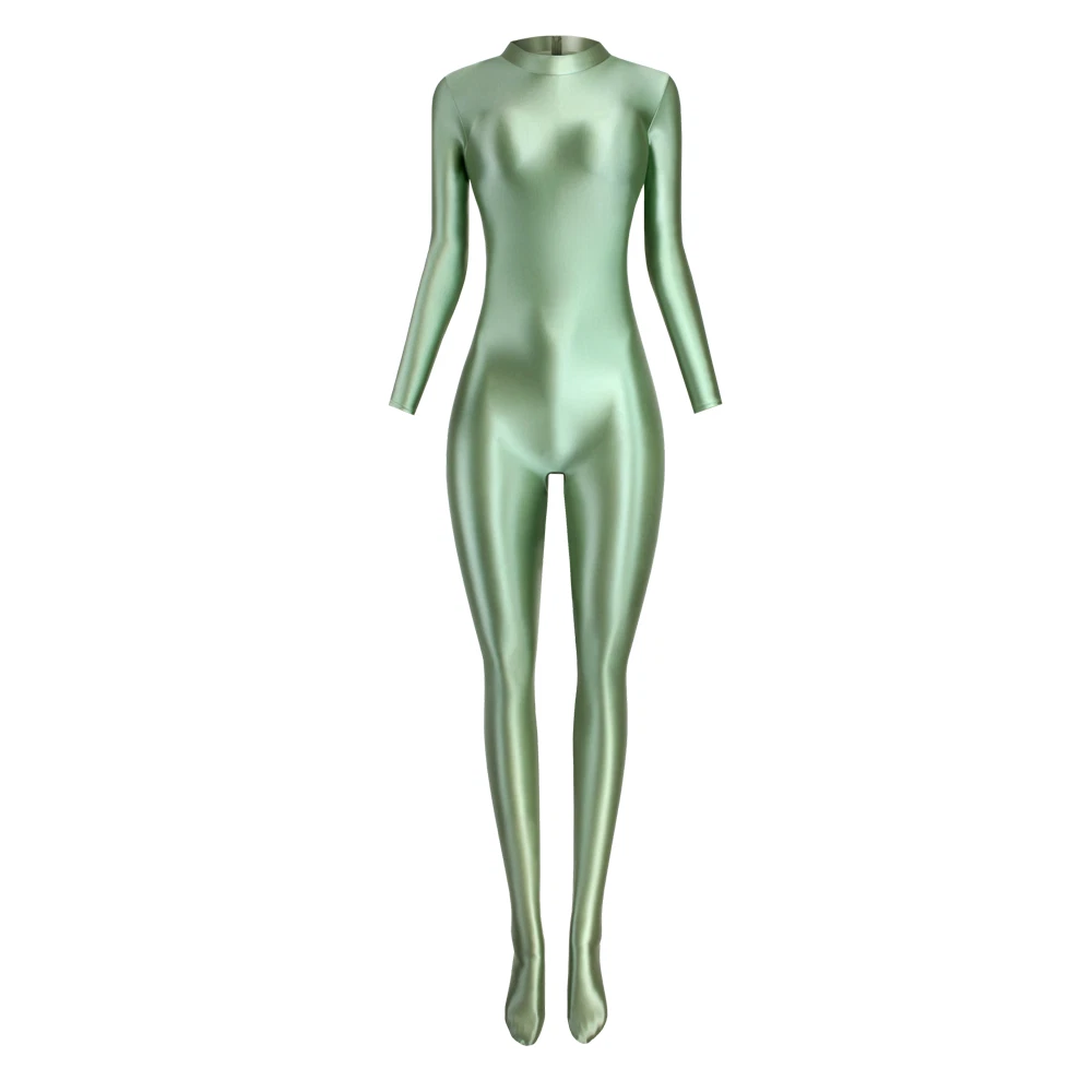 MJINM Women's Stretch Gloss Silky Jumpsuits Sport Bodysuit Short zipper Overall - Picture 17 of 30