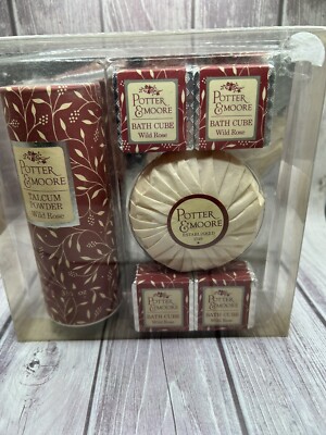 Vintage Potter & Moore Gift Set Wild Rose Talc Powder, Bath cubes, Soap NIB