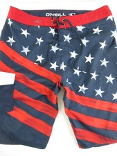 O'Neill Surf Swim Trunks Mens 32 Board Shorts Pocket USA Flag Patriotic Red Blue