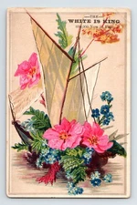 White Sewing Machine Flower Boat 1890s Victorian Trade Card 3.5" x 5.5"