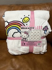 HELLO KITTY Rainbow Mushroom Full/Queen 90 x 90 White Throw Blanket New