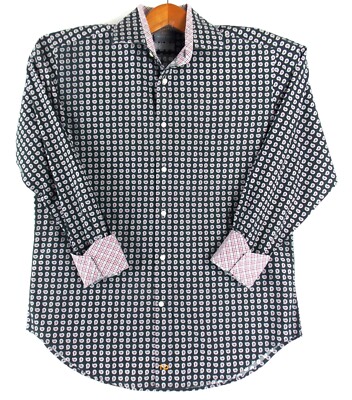Thomas Dean TD Shirt Men's Large Black with Red White Paisley Button Long Sleeve