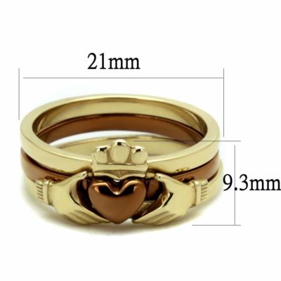 Women Two-Tone Plated Gold & Light Coffee Stainless Steel Claddagh 3 RINGS SET