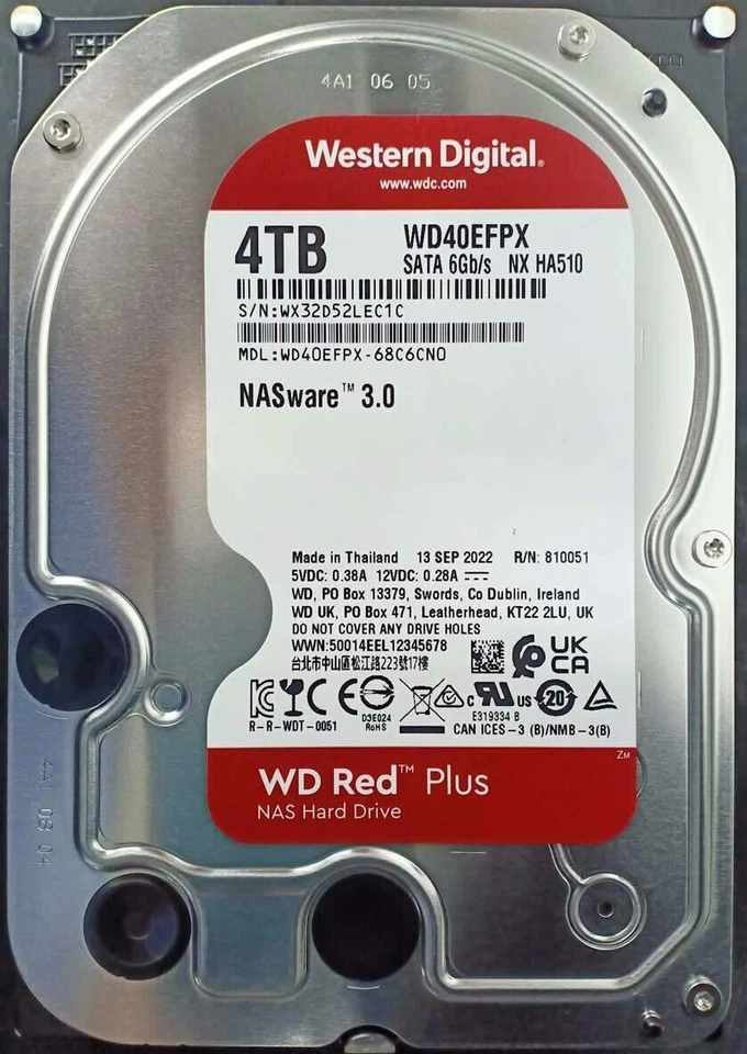 Western Digital WD Red Plus 4TB Hard Disk 3.5” NAS RAID SATA 5400 RPM WD40EFPX
