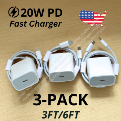 3Pack 20W Upgrade Fast Charger Block Type C Cable For iPhone 14 13 12 11 Pro Max