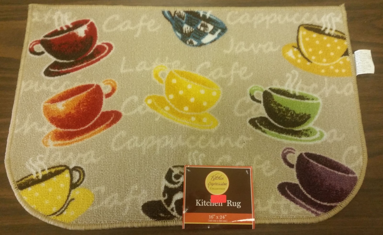 PRINTED NYLON KITCHEN RUG (nonskid back)(16"x24") 9 COFFEE CUPS ON