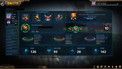 Smite Account LVL. 88 I 93 Skins I Ranked Ready I All Gods included.