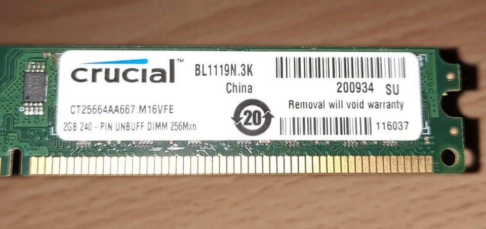 Crucial CT25664AA667.M16VFE 2GB 240 Pin Unbuffered DIMM 256Mxb Tested Good - Image 3 of 3
