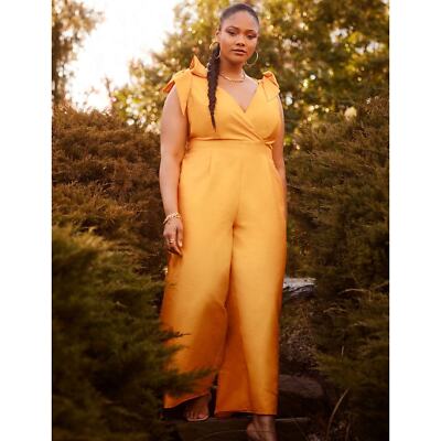 ELOQUII Women's Plus Size Tie Strap Wide Leg Jumpsuit marigold yellow, size 24