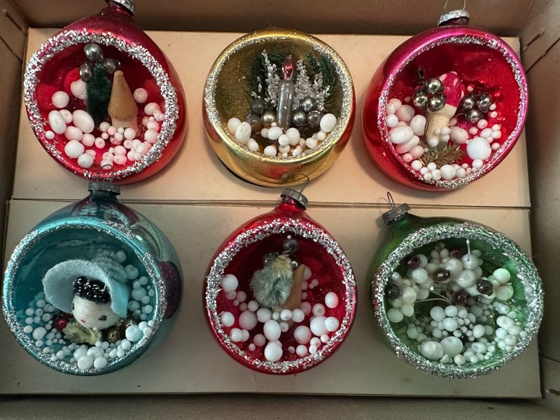 6 Vintage Glass Diorama Shiny Brite Mercury Glass Ornaments Japan Orig Box Hooks