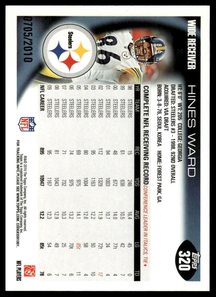 2010 Topps #320 Hines Ward Gold #/2010 - Image 2 of 2