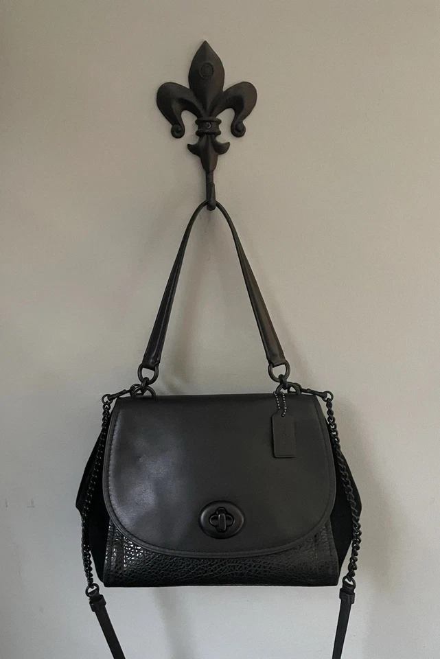 COACH Faye Carryall Crossbody Black Mixed Leather Suede w/Black Hardware Satchel - Image 4 of 4