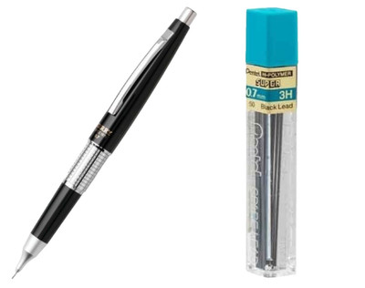 Pentel Sharp Kerry Pencil .7mm Hand Crafted Black Barrel w/12 pcs 3H-Lead Office