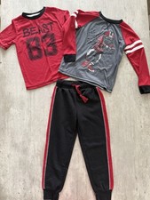 3 Piece Boys Pajamas Size Small 7/8 Beast Long Sleeve Shirt Pants Red Black