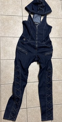 Dereon Hooded Denim Jumpsuit Womens XL Dark Wash Corset Back Y2K Beyoncé