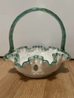 Vtg Large FENTON Teal Aqua Crest Edge Pearlescent-Milk Glass Laced Basket