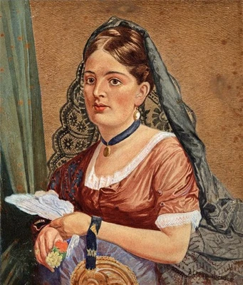 Alfred Nichols - kleines antikes Aquarell Gemälde - Portrait einer Dame 1885 - Bild 1 von 4
