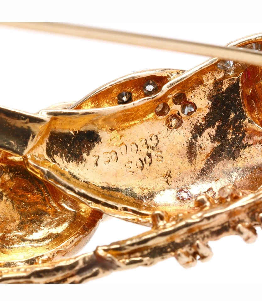 Broche/colgante de oro 14K/diamantes y pájaros rubí Foto 3 de 4