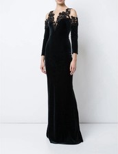 Marchesa Notte Beaded Green Velvet Gown 10 NEW Long Sleeve Embroidered Maxi