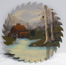 Vintage Round Saw Blade Hand Painted Signed Country Barn Scene 7.25" D