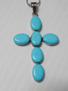 LG VINTAGE NAVAJO INDIAN STERLING SILVER TURQUOISE CROSS NECKLACE FREE CHAIN !