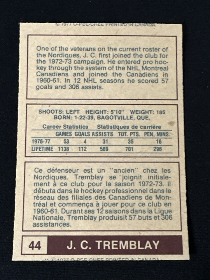 1977-78 O Pee Chee WHA 44 J.C. Tremblay Quebec Nordiques - Image 2 of 2