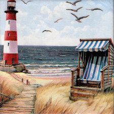 1 Deko Wandfliese Strandkorb Leuchtturm maritim Dekobild Handarbeit Mitbringsel