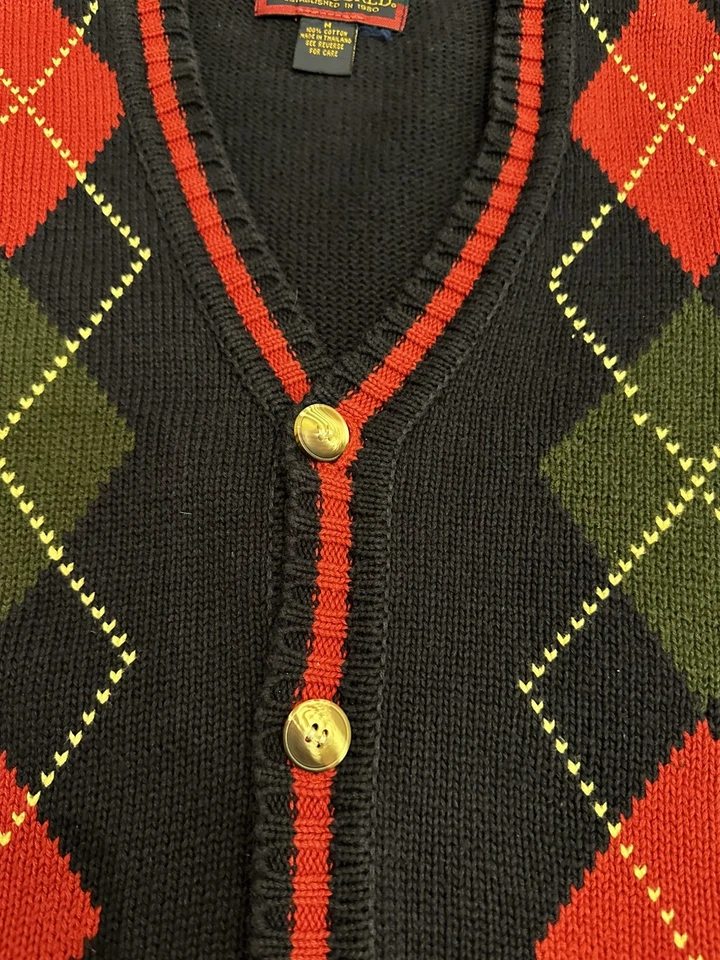 Saddlebred Sweater Vest Mens Medium Navy Burgundy Argyle Cotton Button Up - Image 4 of 4