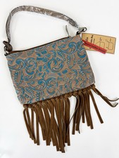 Justin Convertible Bag Wristlet Brown Blue Embossed Leather Fringe Western New