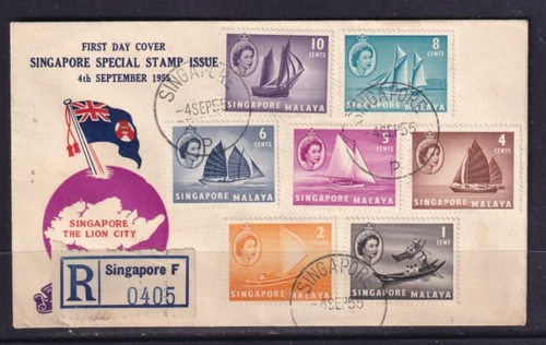SINGAPORE MALAYA 1955 QEII REGISTERED FDC WITH CACHET SHIPS AND BOATS #C2340