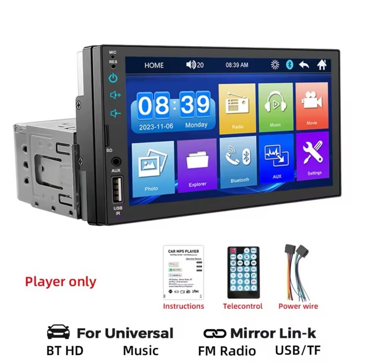 Autoradio 7" 1 Din Touch Screen Bluetooth FM USB Mirror Link Universale - Miniatura 2