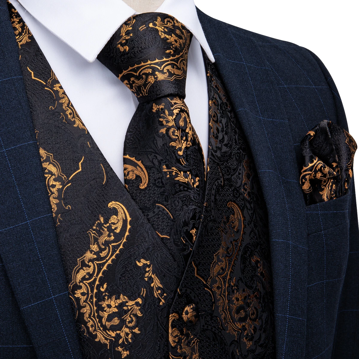 Black Gold Mens Paisley Waistcoat Suit Vest Necktie Hankerchief
