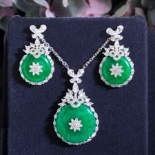 Green CZ Crystal Flower Round Dangle Drop Earrings Necklace Ethnic Jewelry Set