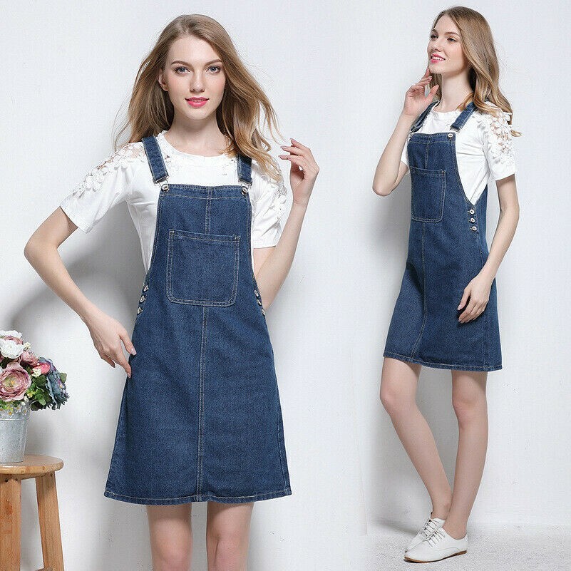 Lady Bib Dress Jean Pinafore Dungaree Suspender Casual A Line Denim Brace Skirt Lady Bib Dress Jean Pinafore Dungaree Suspender Casual A Line Denim Brace Skirt