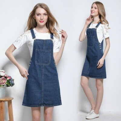 Lady Bib Dress Jean Pinafore Dungaree Suspender Casual A Line - Main Image