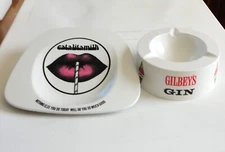 2 Vtg Ornamin Gilbey's Gin Ashtray & Pop Art Lips Straw Restaurant Check Tray