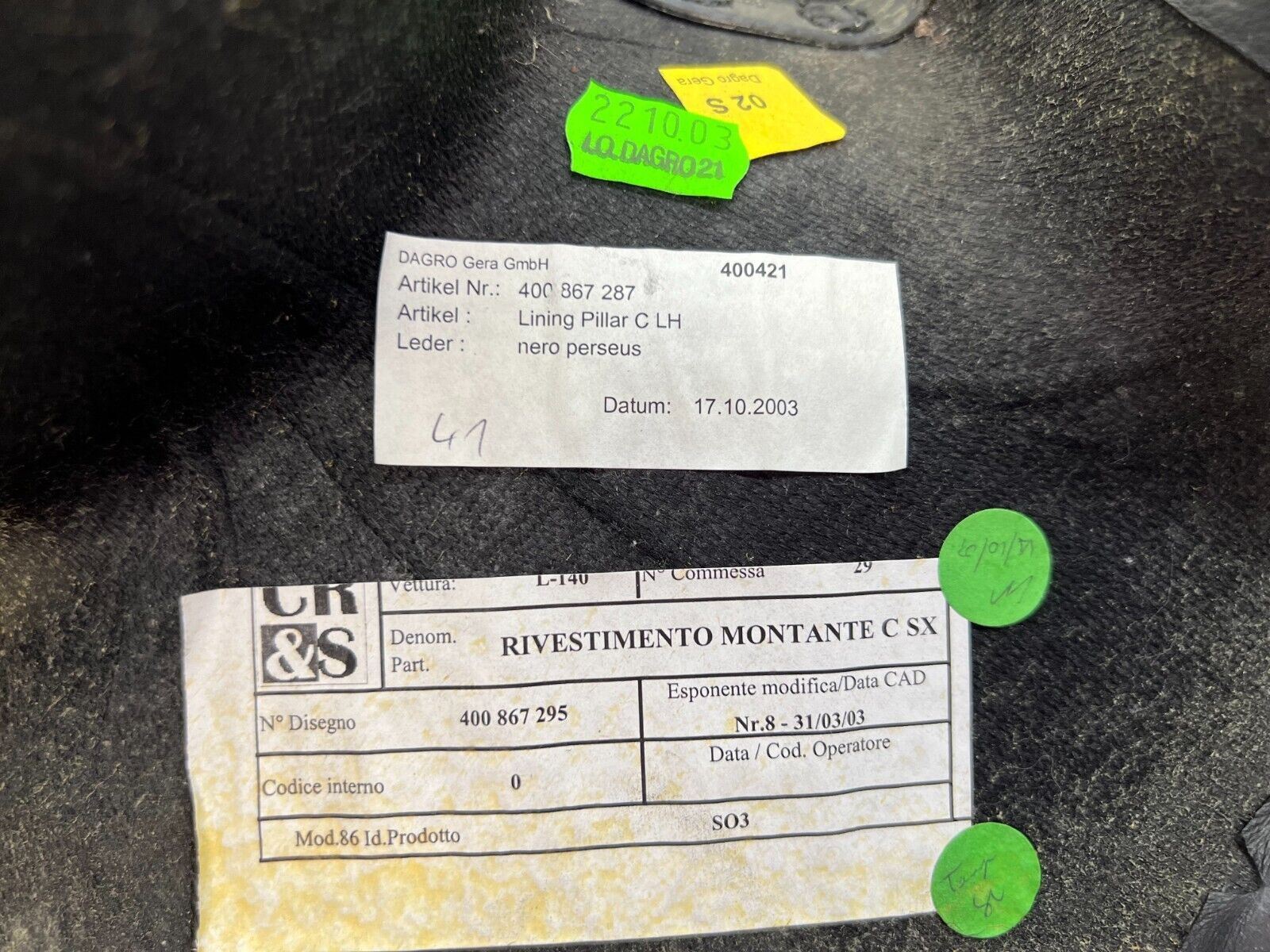 LAMBORGHINI GALLARDO DRIVER LEFT LH C-PILLAR LINING TRIM PANEL OEM 400867287