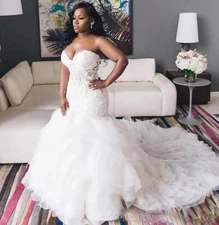 Africa Mermaid Wedding Dresses Strapless Lace  Ruffles Plus Size Bridal Gowns